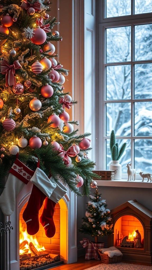 A cozy Christmas setting with a pink-themed tree, fireplace, and nativity scene, evoking warmth and holiday spirit.